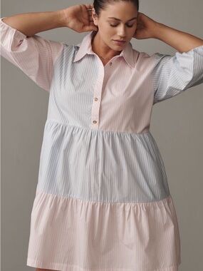 Anthropologie Bettina Stripe Mix Tiered Mini Shirt Dress